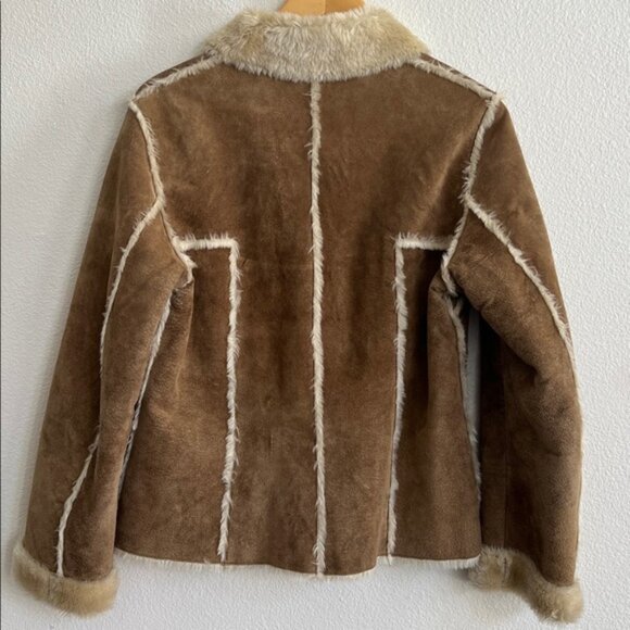 WILSONS LEATHER Maxima Genuine Suede Faux Fur Trim Fitted Jacket Tan Large - Picture 3 of 13